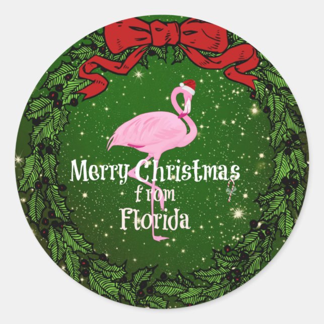 Sticker Rond Joyeux Noël de Floride, Père Noël Flamant rose (Devant)