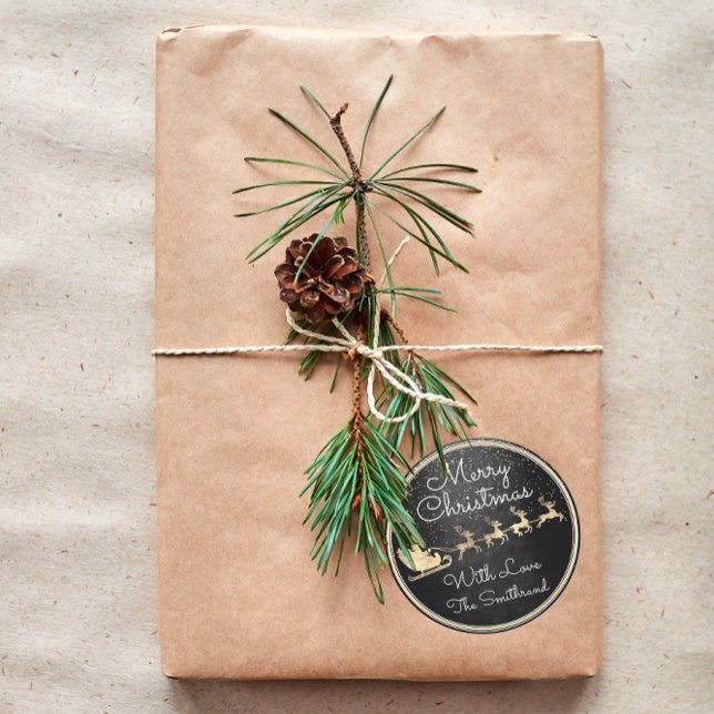 Sticker Rond Joyeux Noël de Père Noël Reindeer Sleight Black (Merry Christmas From Santa Reindeer Sleight Black Classic Round Sticker)