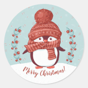 Sticker Rond Joyeux Noël de Pingouin mignon