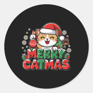 Sticker Rond Joyeux Noël Décor Père Noël Chat Drôle Chris