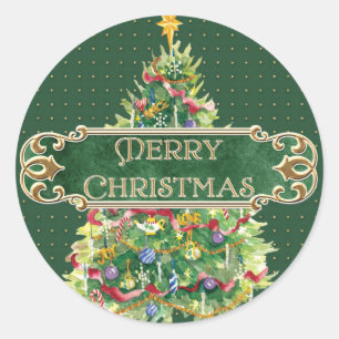 Sticker Rond Joyeux Noël décoré Arbre Star Gold Swirl