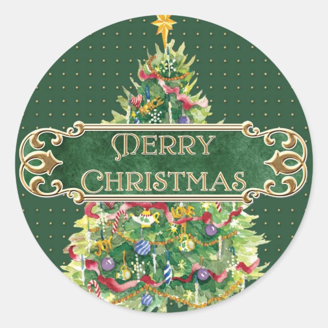 Sticker Rond Joyeux Noël décoré Arbre Star Gold Swirl (Devant)