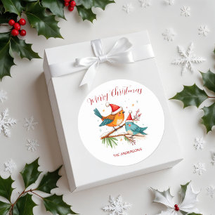 Sticker Rond Joyeux Noël Deux Oiseaux Amoureux