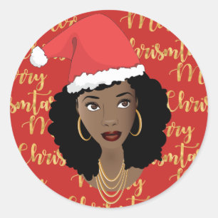 Sticker Rond Joyeux Noël d'or, Femme noire, Santa Hat, Rouge