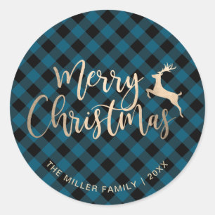 Sticker Rond Joyeux Noël d'or Noir et Bleu Plaid