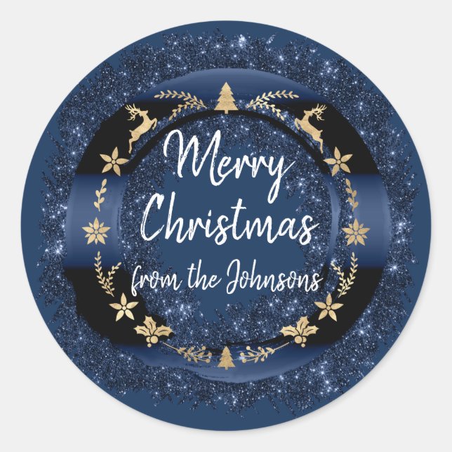 Sticker Rond Joyeux Noël du nom Blue Navy Gold Wreaths (Devant)