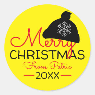 Sticker Rond Joyeux Noël Du Nom Snowflakes Cadeau Jaune