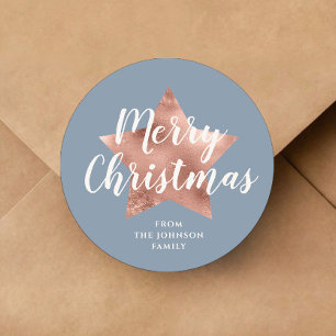 Sticker Rond Joyeux Noël Dusty Blue Rose Gold Star