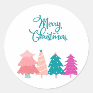Sticker Rond joyeux noël et arbres de noël roses