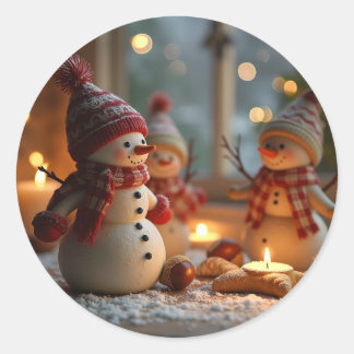 Sticker Rond Joyeux Noël et bonhomme de neige mignon