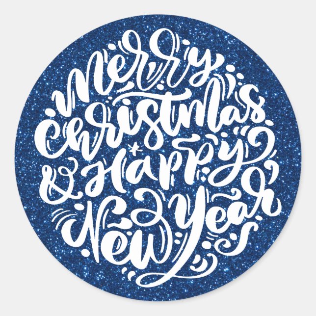 Sticker Rond Joyeux Noël et Bonne Parties scintillant Bleue du  (Devant)