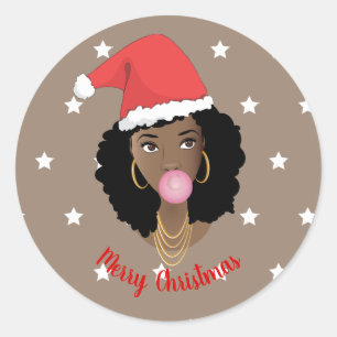 Sticker Rond Joyeux Noël! Femme noire, Chapeau, Genre, Étoile