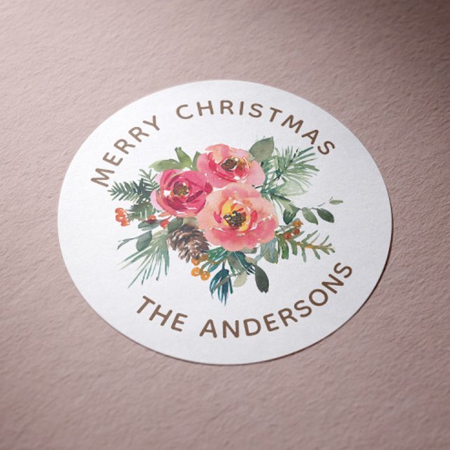 Sticker Rond Joyeux Noël | Fête de l'hiver florale aquarelle (Créateur téléchargé)