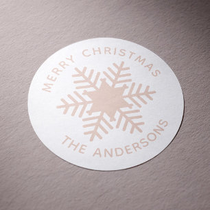 Sticker Rond Joyeux Noël. Fêtes aux flocons de neige rose