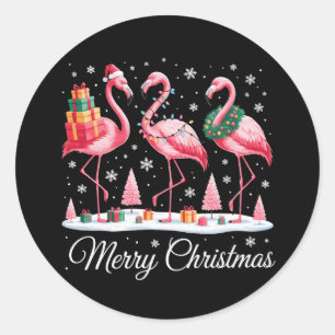 Sticker Rond Joyeux Noël Flamant Rose Lumière Chapeau de Père N
