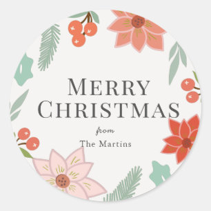 Sticker Rond Joyeux Noël Floral Crème Blanc Vacances