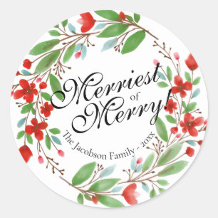 Sticker Rond Joyeux Noël floral d'aquarelle