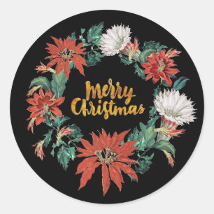 Sticker Rond Joyeux Noël Floral Poinsettia Wreath sur noir