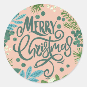 Sticker Rond Joyeux Noël floral rose