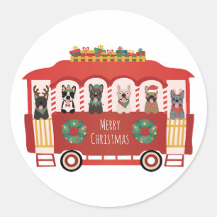 Sticker Rond Joyeux Noël Français Bulldogs Vacances Trolly