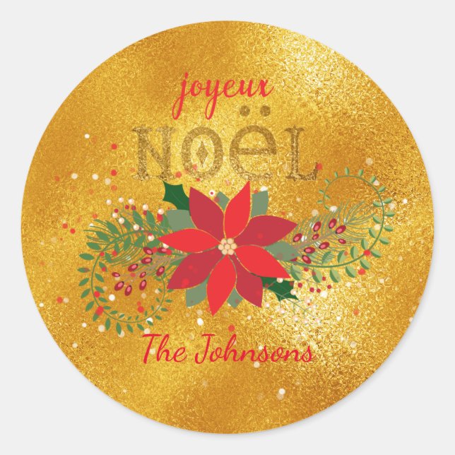 Sticker Rond Joyeux Noël Français Orange Glass Parties scintill (Devant)