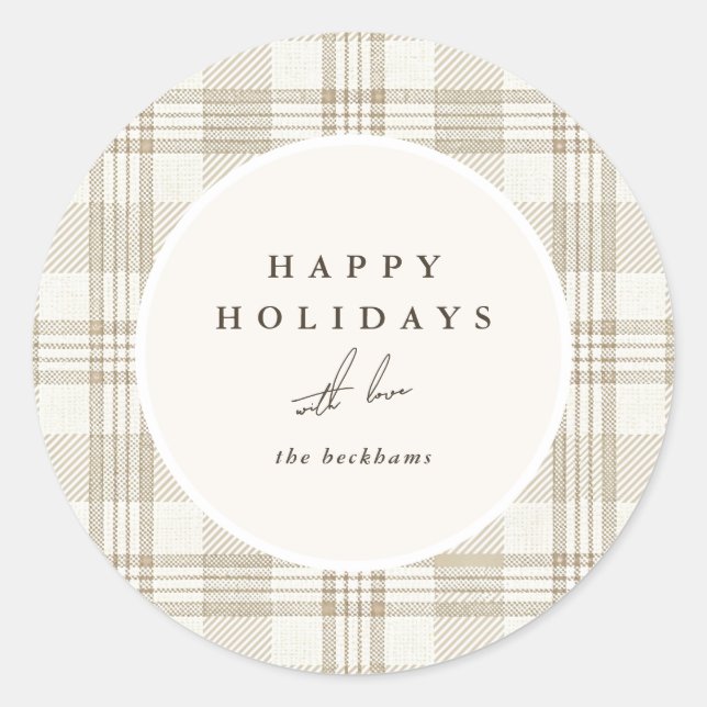 Sticker Rond Joyeux Noël Gingham Beige Clair (Devant)