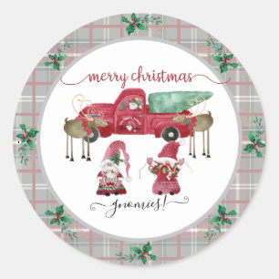 Sticker Rond Joyeux Noël Gnome Arbre ferme aquarelle rouge