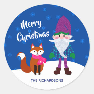 Sticker Rond Joyeux Noël Gnome Fox Snowflakes Nuit Heure
