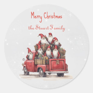 Sticker Rond Joyeux Noël Gnomes Camion Vintage Rouge sur mesure