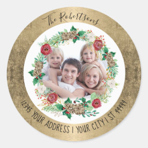 Sticker Rond Joyeux Noël Gold Foil Wreath Adresse photo