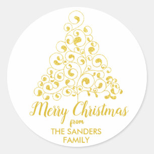 Sticker Rond Joyeux Noël Gold Parties scintillant Arbre de Noël