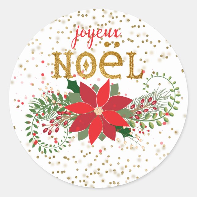 Sticker Rond Joyeux Noel Gold Parties scintillant Poinsettia (Devant)
