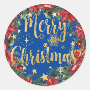 Sticker Rond Joyeux Noël Gold Stars Snowflakes Poinsettias