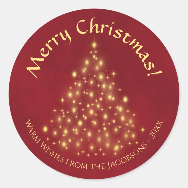 Sticker Rond Joyeux Noël! Golden Lights Tree sur Crimson Red (Devant)