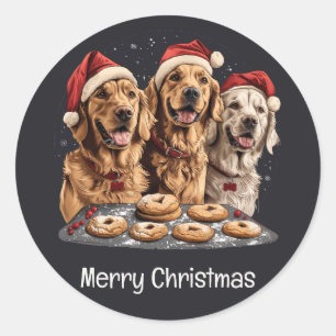 Sticker Rond Joyeux Noël Golden Retriever Chiens Baking