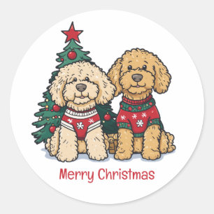 Sticker Rond Joyeux Noël Goldendoodle Chiens