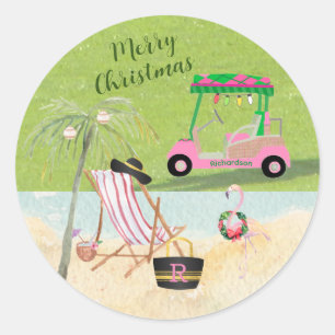 Sticker Rond Joyeux Noël Golf Panier Beach Monogramme Nom
