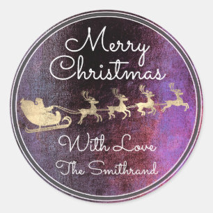 Sticker Rond Joyeux Noël Grunge Gold Père Noël Reindeer Sleight
