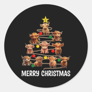 Sticker Rond Joyeux Noël Highland Cow Western Xmas Tree Paj