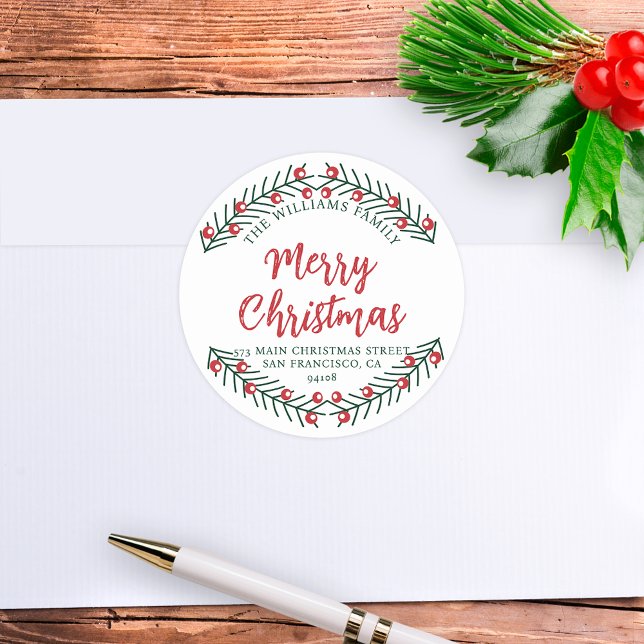 Sticker Rond Joyeux Noël hiver verdure Adresse de retour (Créateur téléchargé)