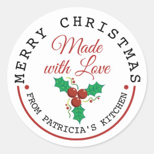 Sticker Rond Joyeux Noël Holly Berries Fabriquées Avec Amour