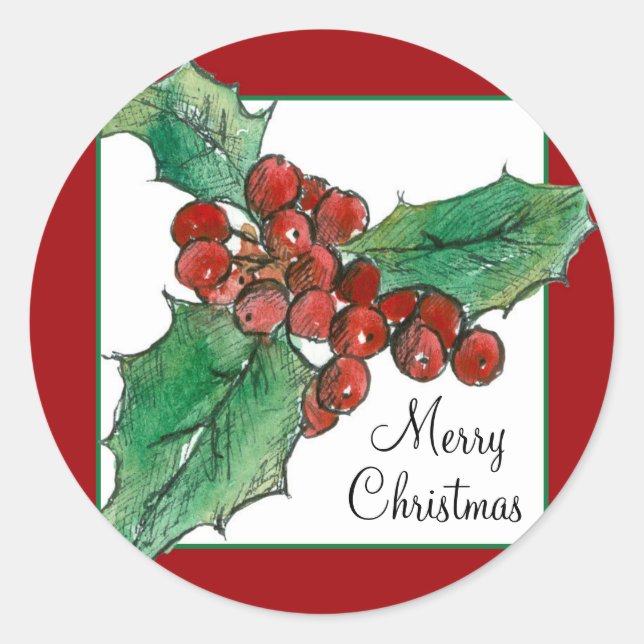 Sticker Rond Joyeux Noël Holly Berries Plante Botanique Art (Devant)
