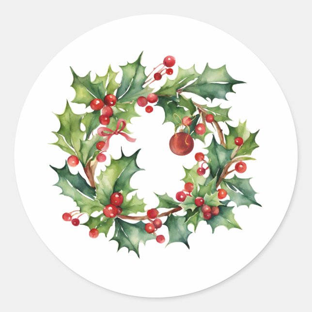 Sticker Rond Joyeux Noël Holly Berry Wreath (Devant)