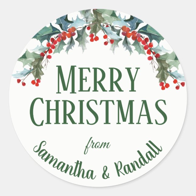 Sticker Rond Joyeux Noël Holly Branches et votre nom (Devant)