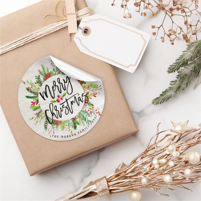 Sticker Rond Joyeux Noël Holly Floral Wreath Vacances (Créateur téléchargé)