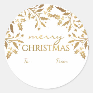 Sticker Rond Joyeux Noël Holly Garland Gold Metallic Tag