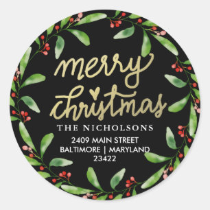 Sticker Rond Joyeux Noël Holly Wreath   Adresse de retour
