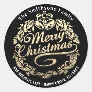 Sticker Rond Joyeux Noël Holly Wreath RSVP Gold Black White