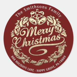 Sticker Rond Joyeux Noël Holly Wreath RSVP Gold Royal Red