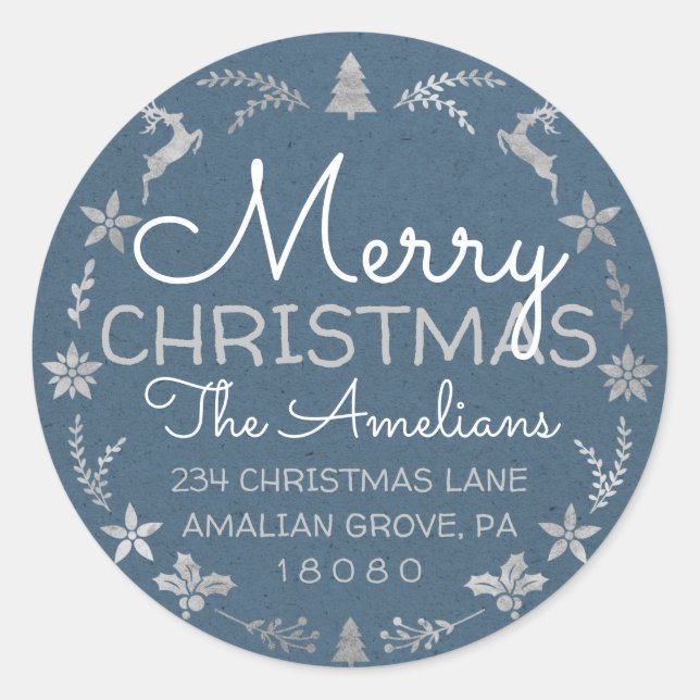 Sticker Rond Joyeux Noël Holly Wreath RSVP Kraft Blue (Devant)